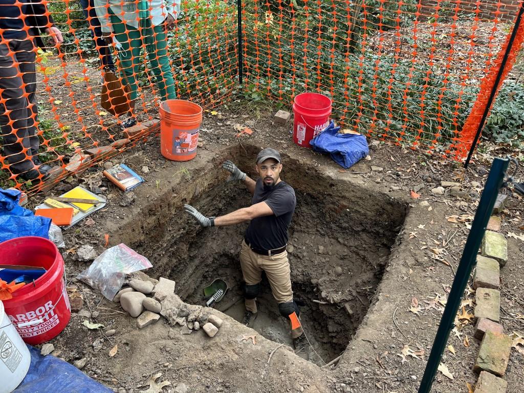 Archaeologist Tim Roberts illustrates his work at Richmond Hill