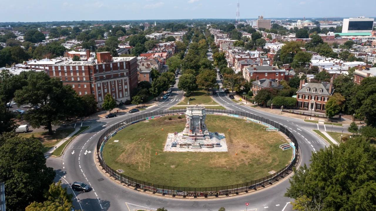 Richmond's Monument Avenue showing the Jefferson Davis pedestal after the 2020 uprising (AP Photo/Steve Helber, File)